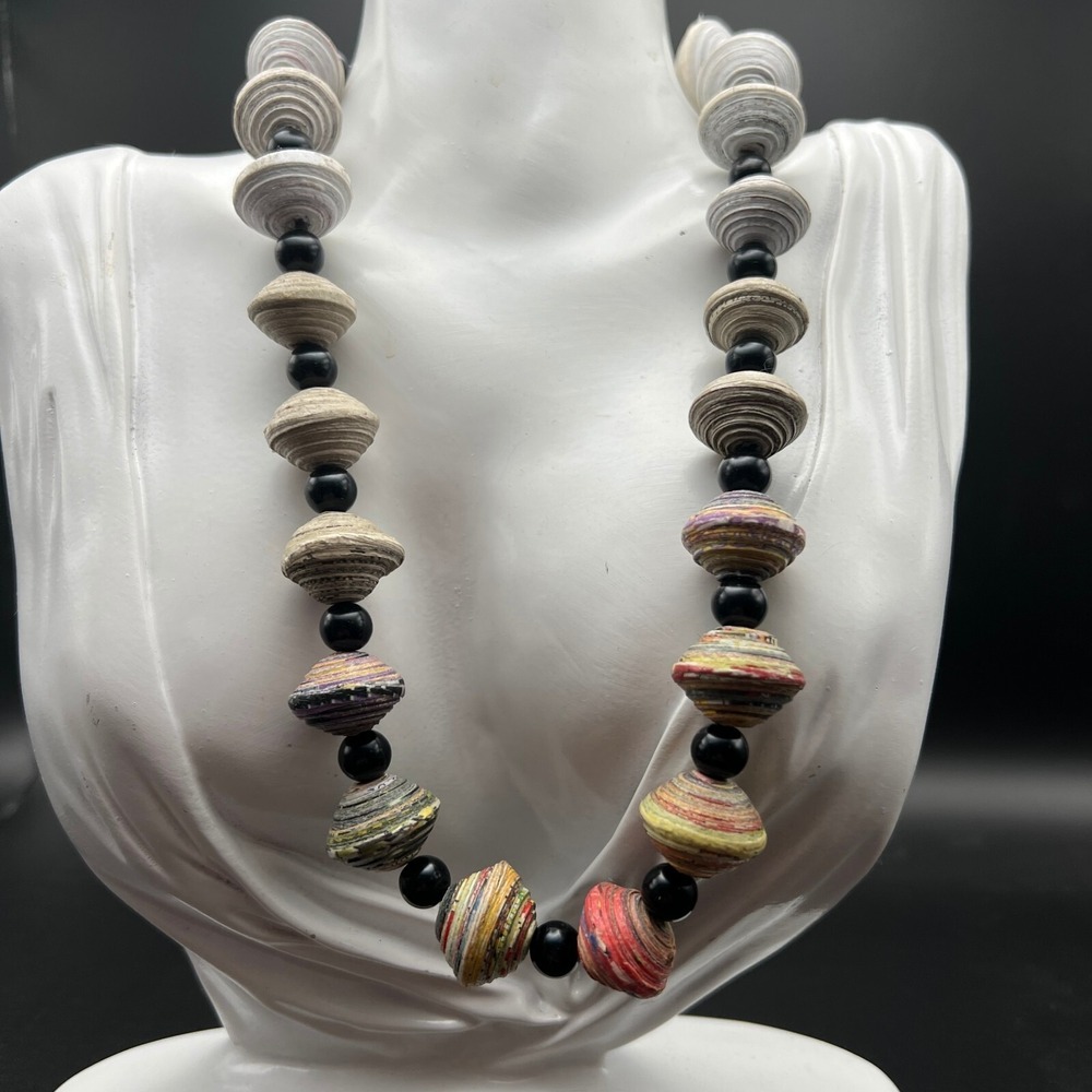 Handcraft Recycled Paper Beads Necklace White‎ Green Orange with Black Spacers